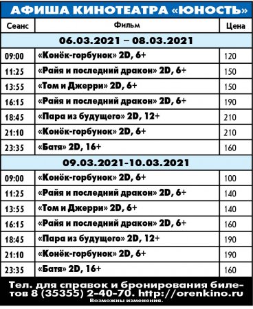 Расписаие сеансов в кинонеатре Юнность с 6.03.2021 по 10.03.2021