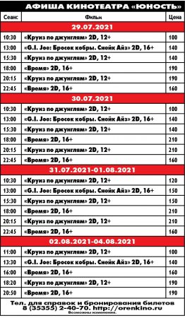 Расписание сеансов в кинотеатре Юнность с  29.07.2021 по  02.08.2021